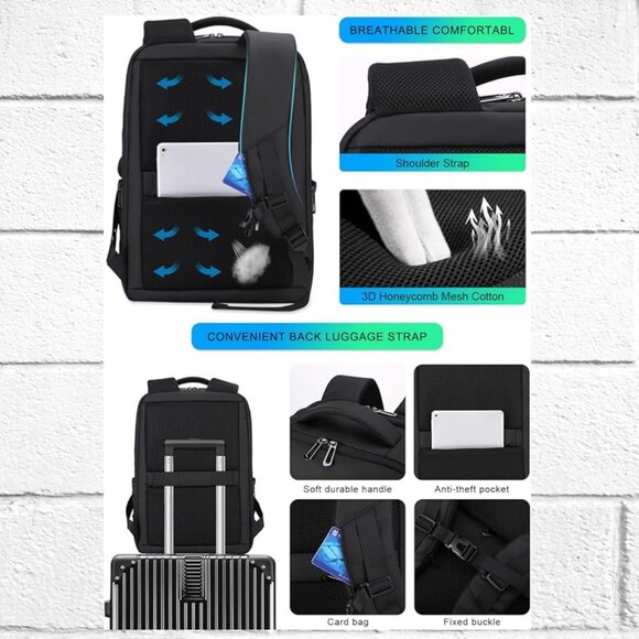 NWT! Fenruien Expandable Waterproof Laptop Backpack w/USB Cord & Luggage Strap - Picture 4 of 15